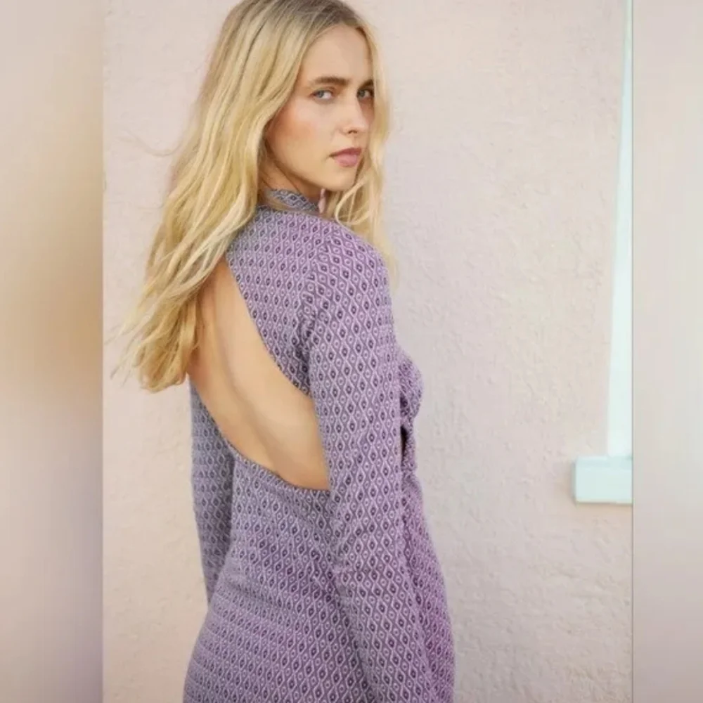 🌞ZARA Jaquard Long Sleeve Cut-out Open Back Mini Dress Purple Retro Geometric - Picture 3 of 14